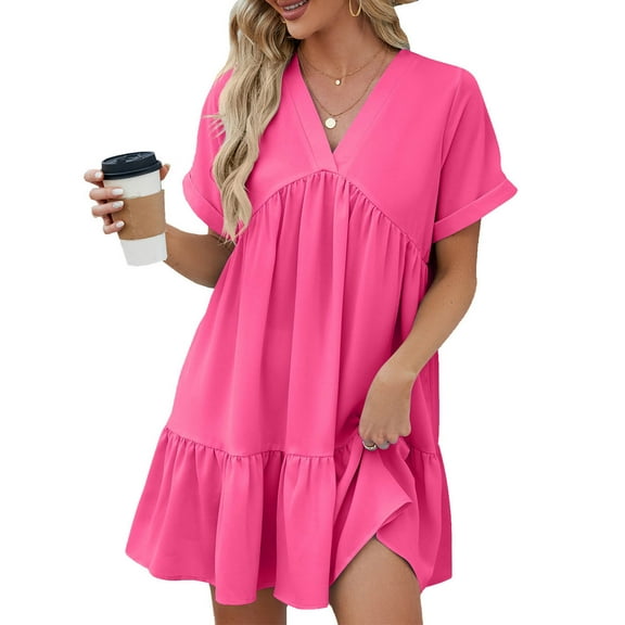 Diufon Summer Women's Mini Dresses V Neck Short Sleeve Pleated Dress Solid Color A-Line Dress