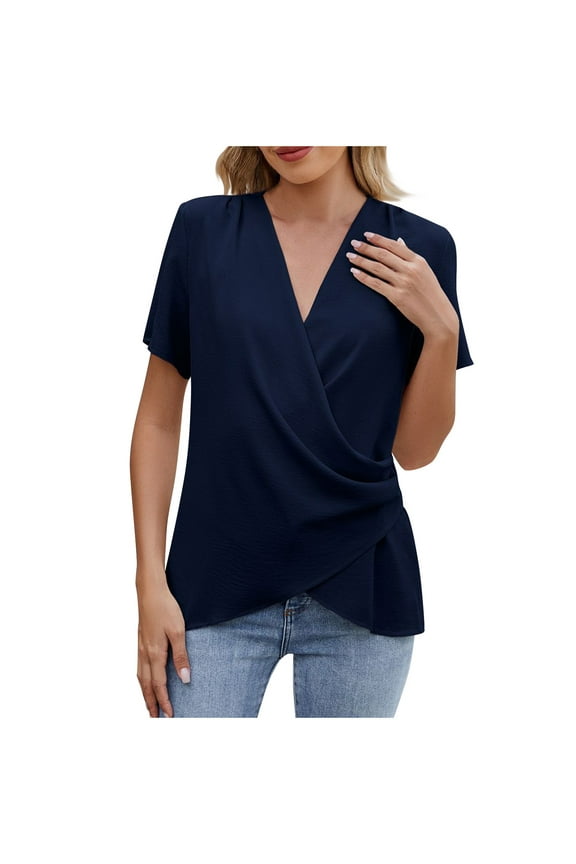 2025 Womens Summer Tops Dressy Business Short Sleeve V-Neck Work Blouses Fashion Side Ruched Shirts
