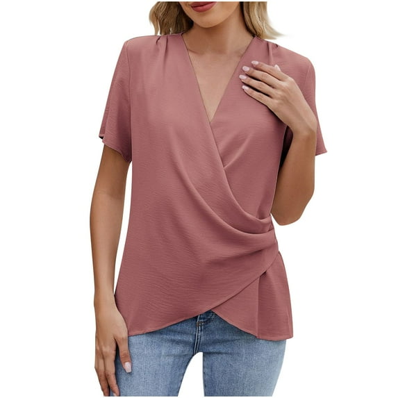 Diufon 2025 Womens Summer Tops Dressy Business Short Sleeve V-Neck Work Blouses Fashion Side Ruched Shirts