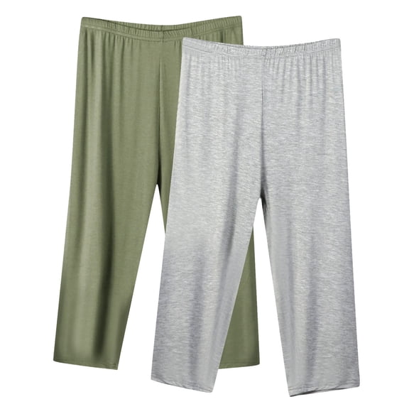 Diufon 2pc Capris Pants for Women Pants Solid Color Plus Size Pants Elastic Waist Wide Leg Pants
