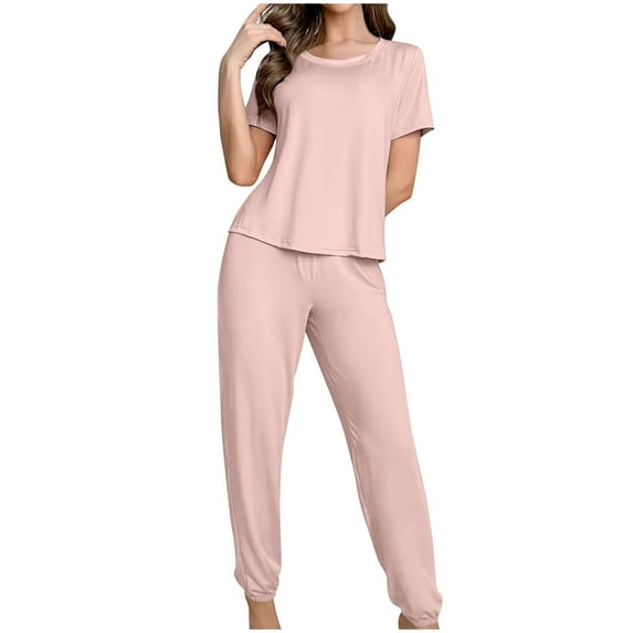 Diufon 2pc Pjs Sets for Women Round Neck Short Sleeve Homewear Tops Solid Color Pants Sets