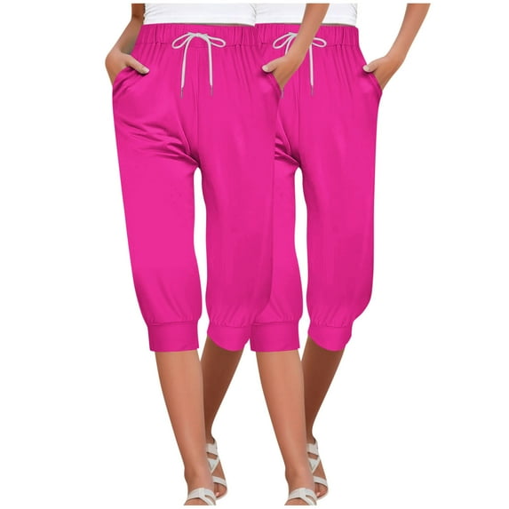 Diufon 2pc Womens Capris Pants Summer Solid Color Pants Elastic Waist Drawstring Pants with Pockets