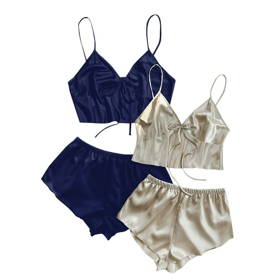 Diufon 2pc Womens Pajamas Set V Neck Lace-Up Sleeveless Crop Tops Elastic Waist Shorts Lounge Set