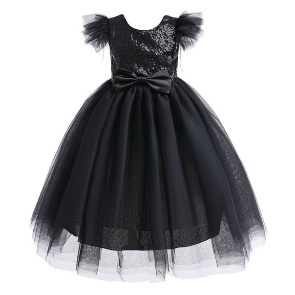 Diufon 3-12years Kids Girls Puffy Dress Lace Mesh Bowknot Birthday Princess Dresses Child Girl Romper Skirt (6-7 Years, Black)