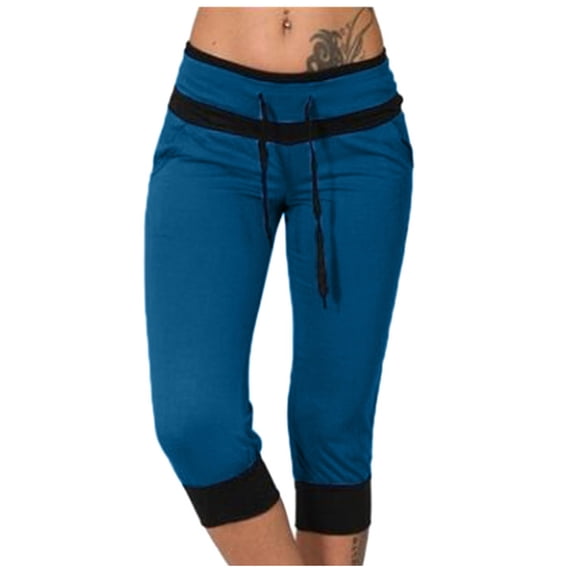 Diufon 3/4 Length Leggings Pants for Women Color Block Pants Elastic Waisted Drawstring Athletic Pants