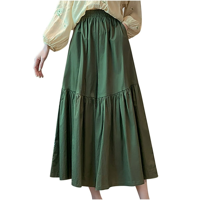 Diufon 3 4 Length Pants Skirt for Women Solid Color Pants with Pockets Elastic High Waist Wide Leg Pants