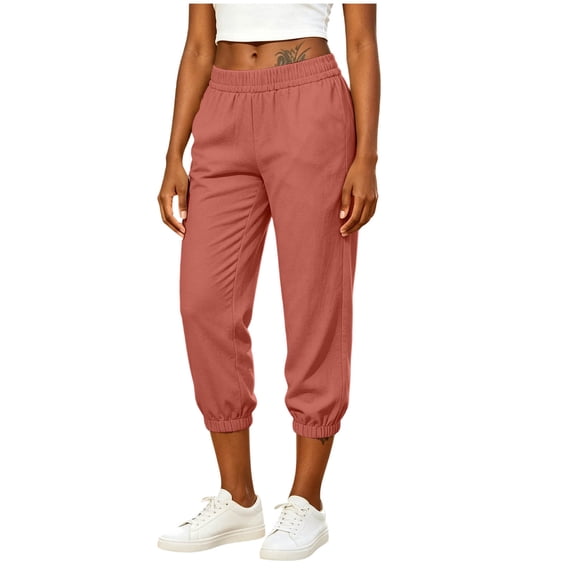 Diufon Linen Capri Pants for Women Summer Casual Elastic High Waist Capris Straight Leg Beach Cropped Pants