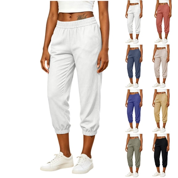 Diufon Linen Capri Pants for Women Summer Casual Elastic High Waist Capris Straight Leg Beach Cropped Pants