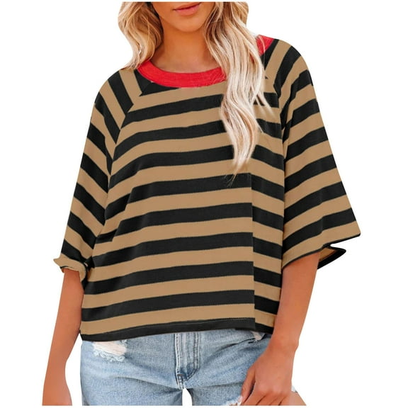 Diufon 3/4 Length Sleeve T Shirts for Womens Summer Striped Shirts Casual Round Neck Tunic Tops