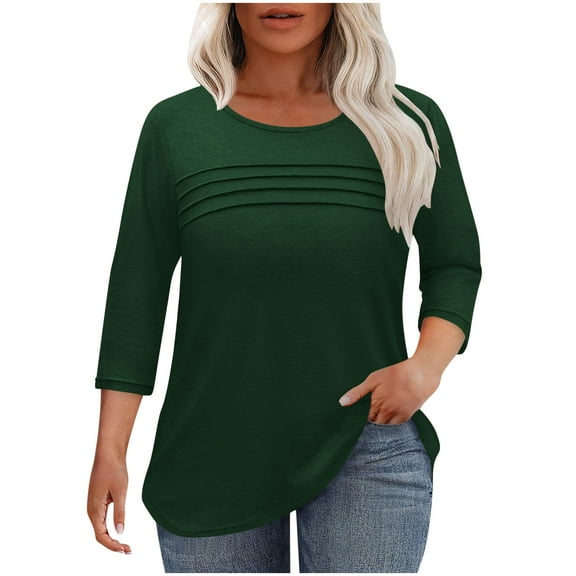 Diufon 3/4 Length Sleeve Womens Tops Dressy Casual Crewneck Tunic Tops Spring Fall Pleated Soft Blouse