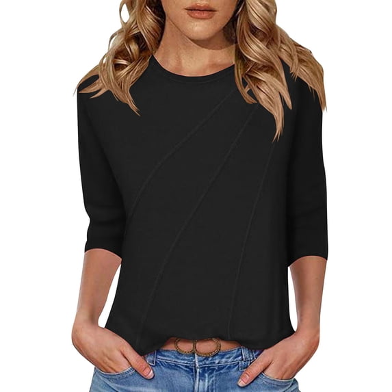 Diufon 3/4 Length Sleeve Womens Tops Spring Fall Fashion Loose Tops Crew Neck Pleated Shirts Tunic Top