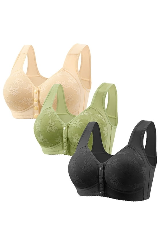 3 Pack Button Front Closure Bras for Women Seamless Full Coverage Floral Pattern Bra Soft Everyday Bralettes
