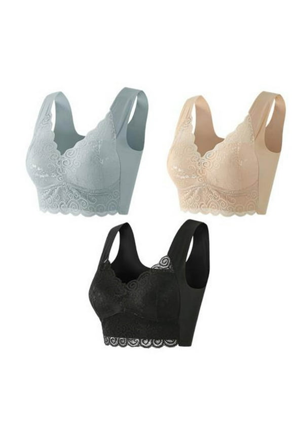 3 Pack Wide Strap Lace Bra for Women Comfortable Plus Size Full Coverage Deep V Neck Bra Support Push Up Bralettes