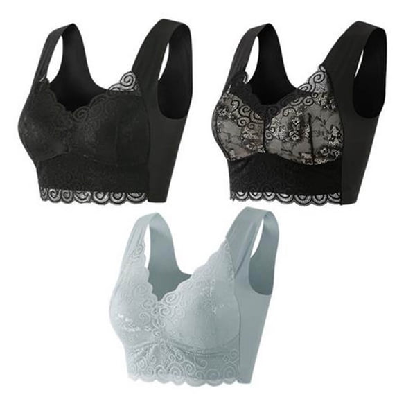 Diufon 3 Pack Wide Strap Lace Bra for Women Comfortable Plus Size Full Coverage Deep V Neck Bra Support Push Up Bralettes