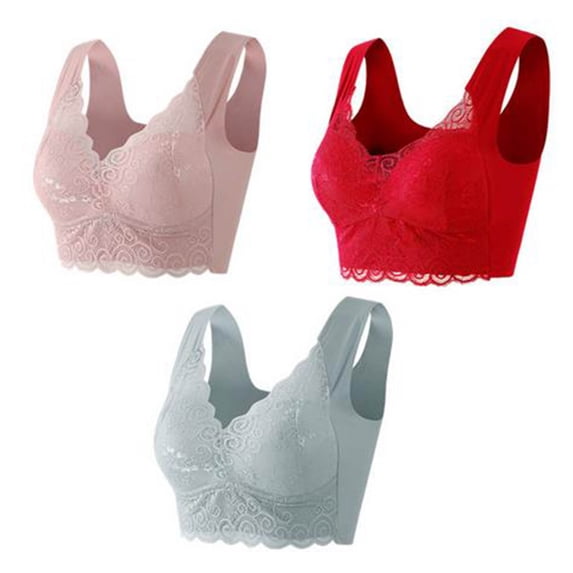 Diufon 3 Pack Wide Strap Lace Bra for Women Comfortable Plus Size Full Coverage Deep V Neck Bra Support Push Up Bralettes