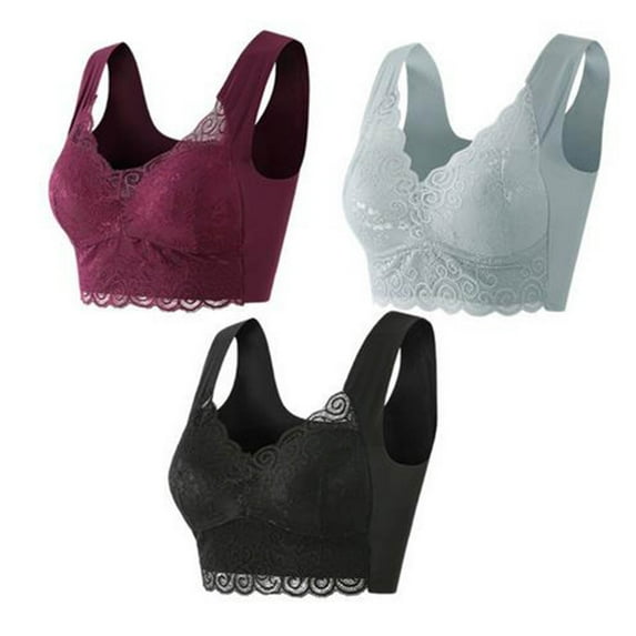 Diufon 3 Pack Wide Strap Lace Bra for Women Comfortable Plus Size Full Coverage Deep V Neck Bra Support Push Up Bralettes