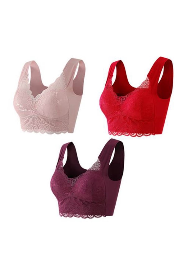 3 Pack Wide Strap Lace Bra for Women Comfortable Plus Size Full Coverage Deep V Neck Bra Support Push Up Bralettes