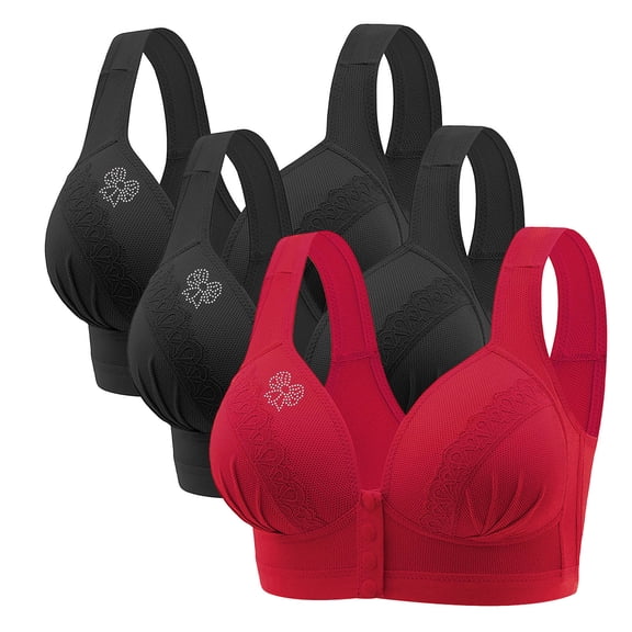 Diufon 3 Pack Wireless Bras for Women Wide Straps Front Closure Push Up Lace Bra Ladies Comfort Solid Color Daily Bra