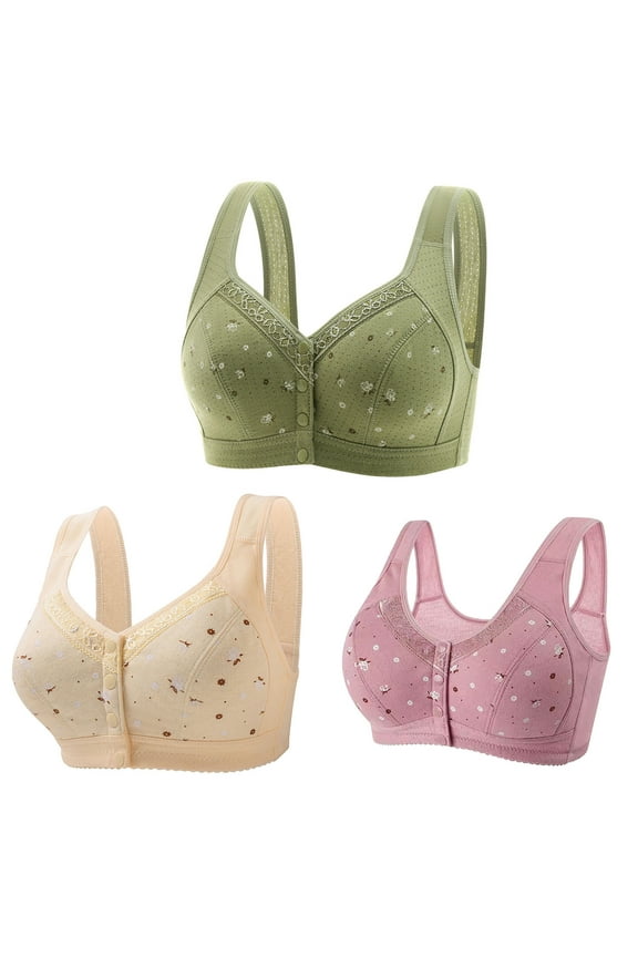 3 Pack Wireless Comfortable Bra for Women Everyday Front Closure Full Coverage Printed V Neck Bras