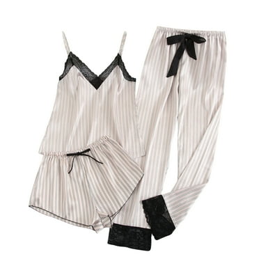 Diufon 3 Piece Pajama Set for Women Printed Lace Patchwork Camisole Tops and Pants/Shorts Striped Trendy Sleepwear Sets