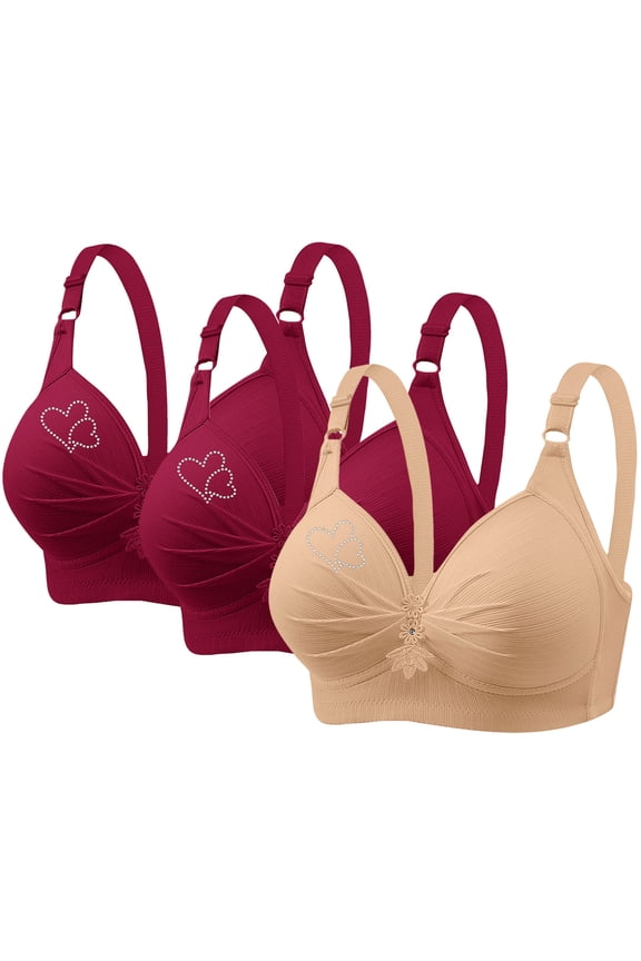 3PCS Bras for Women No Underwire Full Coverage Bra Heart Printed Push up Breathable Bras