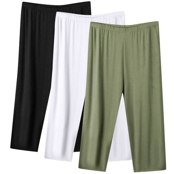 Diufon 3PCS Plus Size Womens Capris Pants Elastic Waist Wide Leg Pants Solid Color Lounge Pants