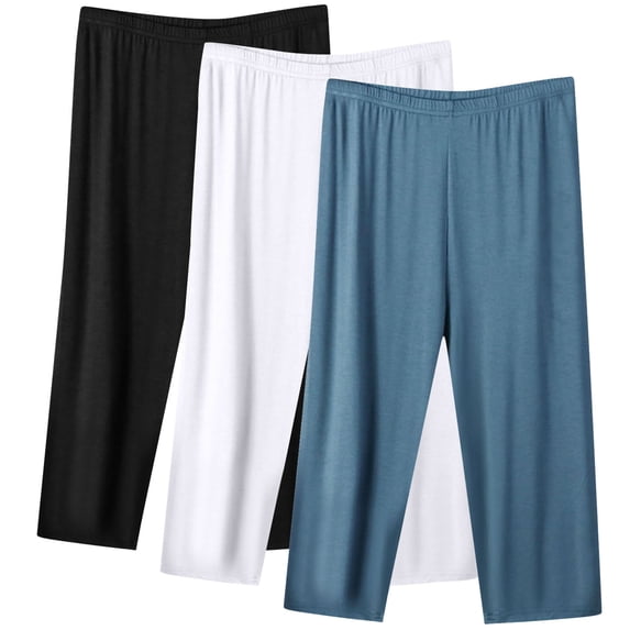 Diufon 3PCS Plus Size Womens Capris Pants Elastic Waist Wide Leg Pants Solid Color Lounge Pants