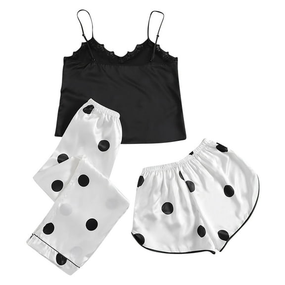 Diufon 3PCS Womens Pajamas V Neck Sleeveless Tops Polka Dot Elastic Waist Bow Shorts Pants Sets