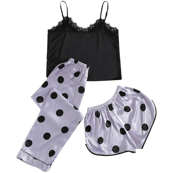 Diufon 3PCS Womens Pajamas V Neck Sleeveless Tops Polka Dot Elastic Waist Bow Shorts Pants Sets