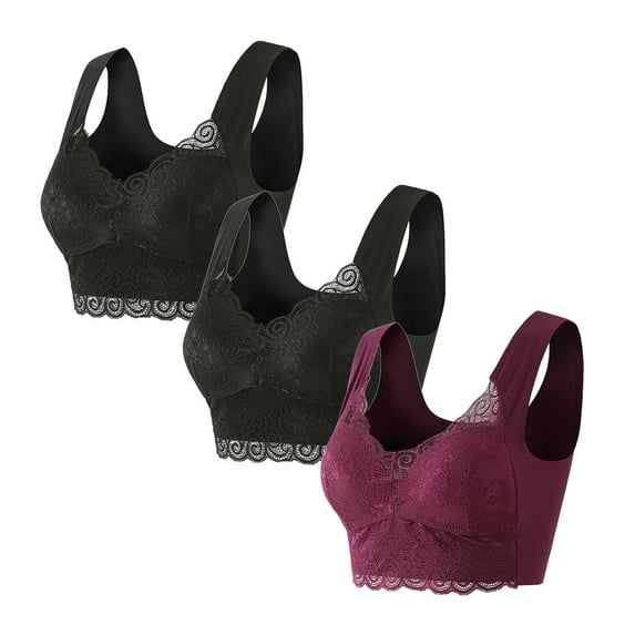 Diufon 3pc Lace Bras for Women Solid Color Full Coverage Comfy Bras Underwireless Push up Bras