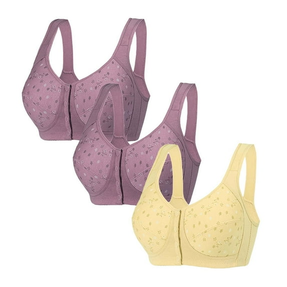 Diufon 3pc Womens Front Clasp Bras Floral Printed Full Coverage Bras Underwireless Comfy Bras