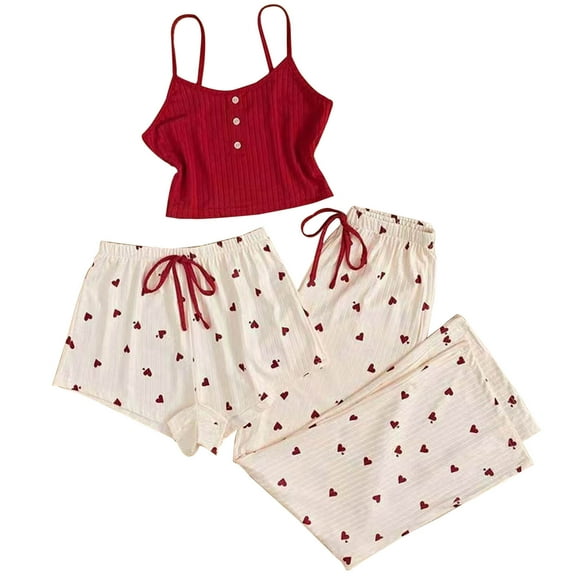 Diufon 3pc Womens Loungewear Sets Crewneck Button Sleeveless Tops Elastic Waist Bow Shorts and Pants