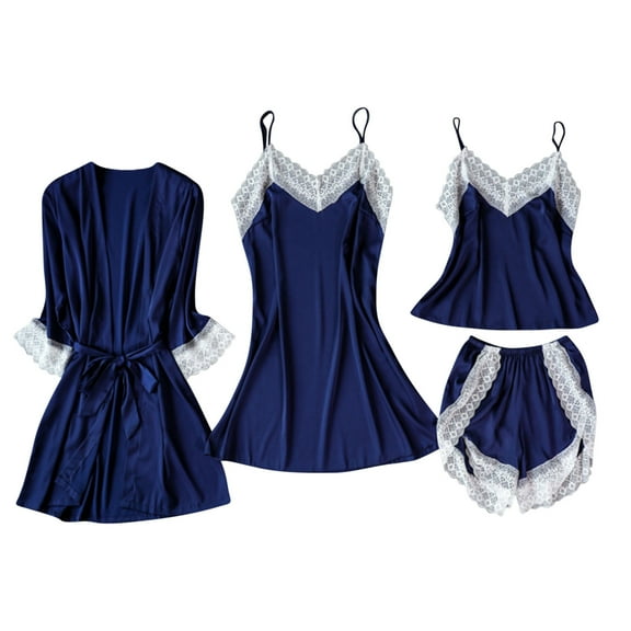 Diufon 4 Piece Women's Satin Pajamas Sets Lace Patchwork Sets Tanks Shorts Robe Dress Nightwear Sets