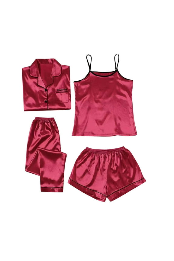 4 Pieces Women's Satin Pajamas Set Camisole & Shorts and Lapel Shirt & Pants Fall Winter Sleepwear Sets