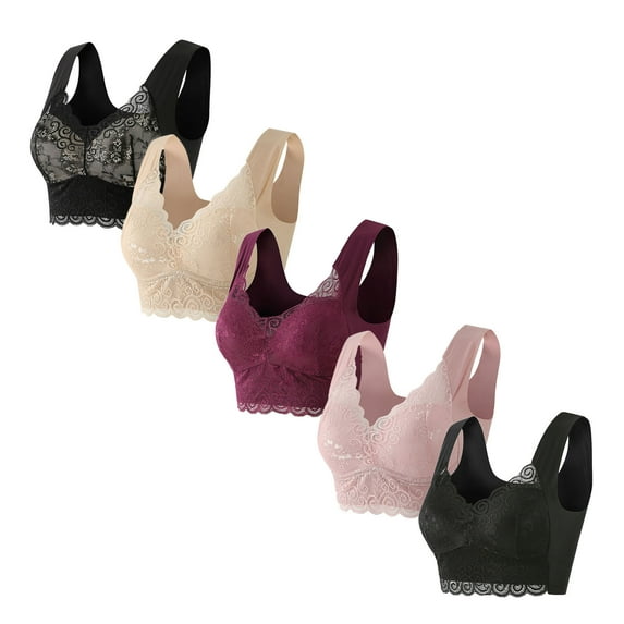 Diufon 5pc Lace Bras for Women Solid Color Full Coverage Comfy Bras Underwireless Push up Bras
