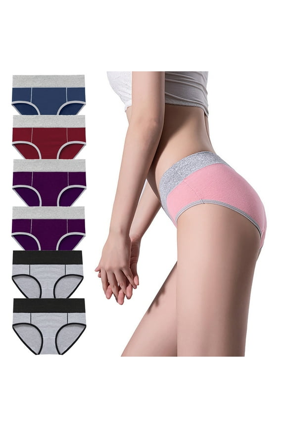 6PCS Womens Cotton Underpants Color Block Full Coverage Brief Elastic High Waist Panties