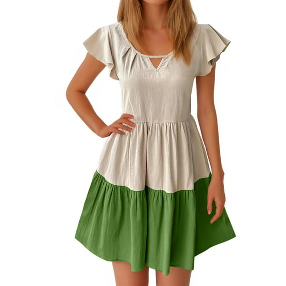 Diufon A-Line Dresses for Women Casual Color Block Waisted Dress V Neck Ruffle Fly Sleeve Dress