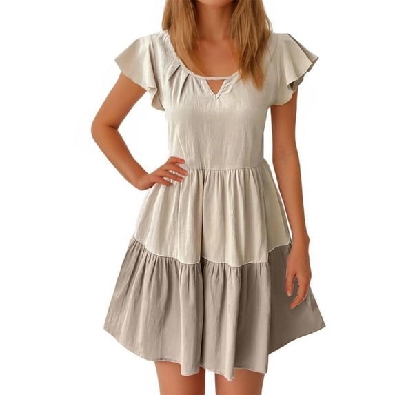 Diufon A-Line Dresses for Women Casual Color Block Waisted Dress V Neck Ruffle Fly Sleeve Dress