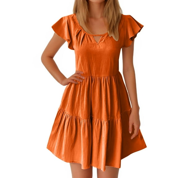 Diufon A-Line Dresses for Women Casual Solid Color Waisted Dress V Neck Ruffle Fly Sleeve Dress