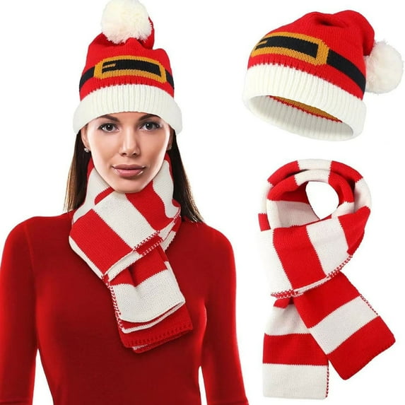 Diufon Adults Christmas Santa Hat and Scarf Set Winter Warm Knitted Stripes Scarves and Cap 2 Pieces Outfit