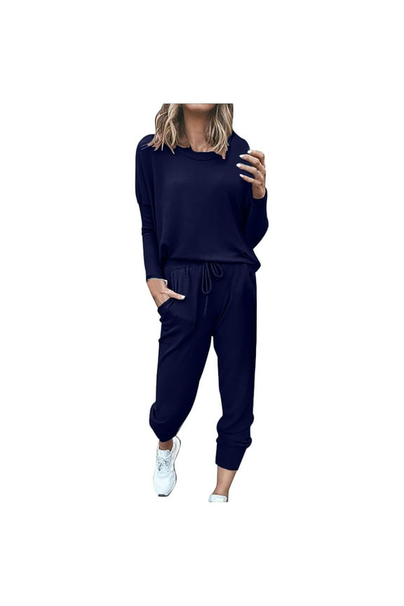 Athletic Suits for Women Long Sleeve Tops Elastic Waist Drawstring Lounge Pants with Pockets Casual Sets