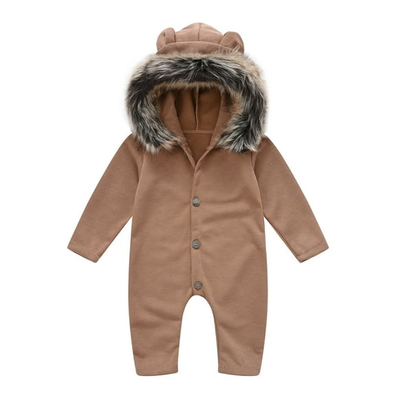 Diufon Baby Boy Girl Winter Bodysuit Soft Long Sleeve Warm Plush Hoodie Button Down Romper Casual Home Jumpsuit