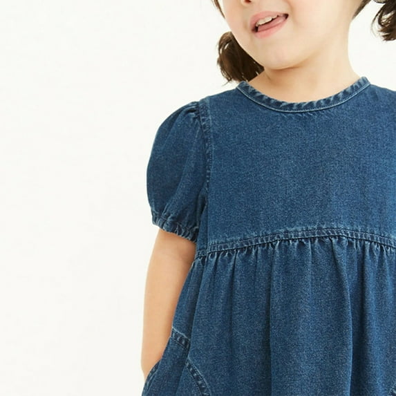 Diufon Baby Girls' Denim Dresses Solid Color Button Dress Crewneck Puff Short Sleeve Dress with Pockets