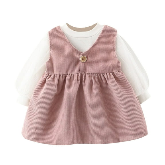 Diufon Baby Girls Dress Outfits Cute Long Sleeve Mesh Blouse Tops & Corduroy Wide Strap Pleated Dress Birthday Set