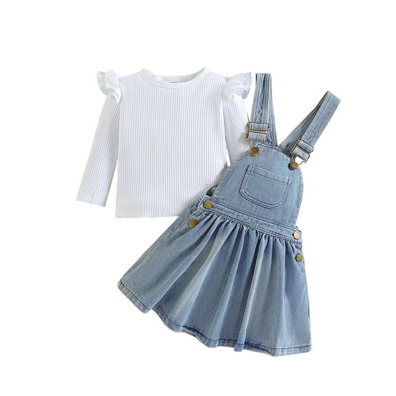 Diufon Baby Girls Outfits Long Sleeve Crewneck Tops and Denim Jumper Dress Casual Strap Jeans Overalls Set