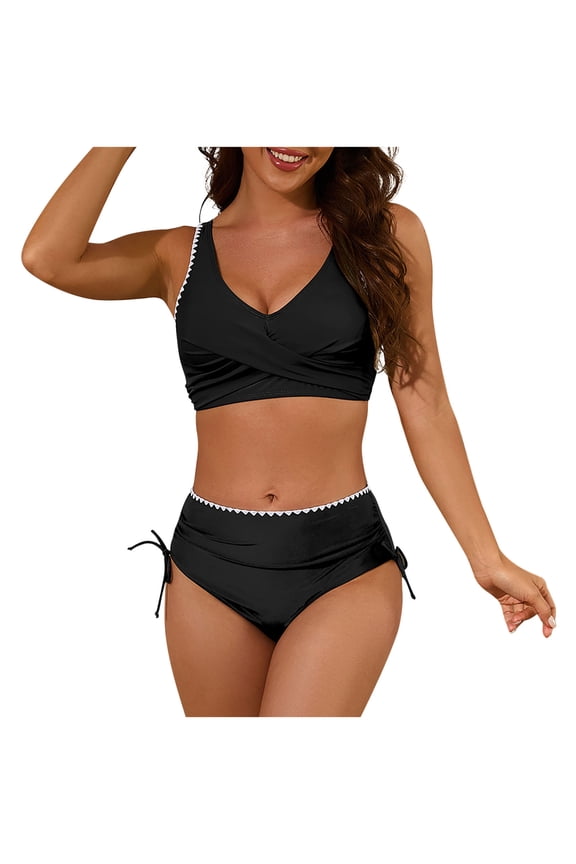 Bikini Sets for Women V Neck Wrap Tops with High Waisted Briefs Decor Trim and Side Tie Two Piece Swimsuit