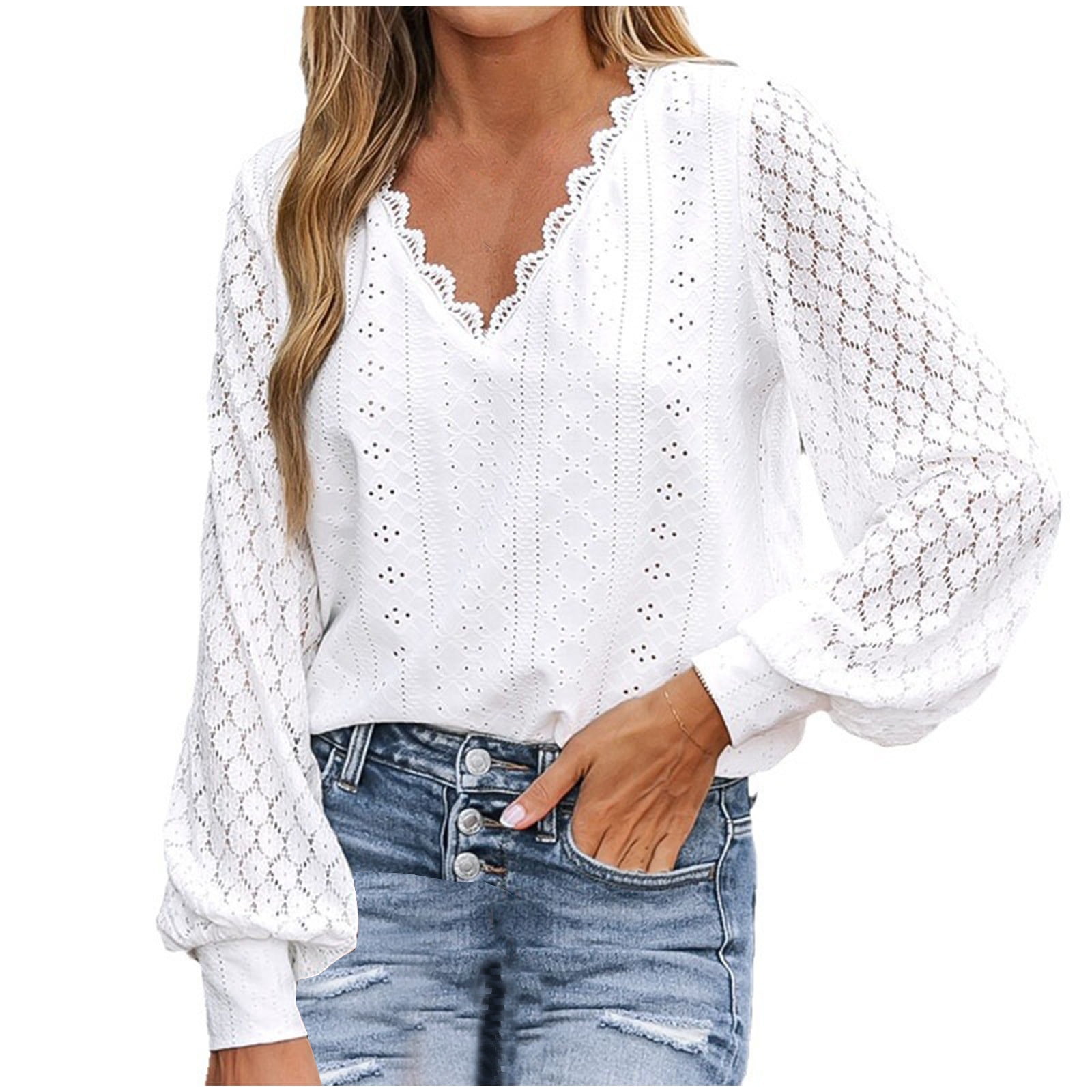 Diufon Blouse for Women Lace V-Neck Pullover Top Long Balloon Sleeve ...