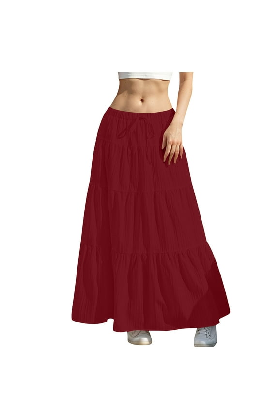 Boho Skirts for Women Summer Tiered A-Line Maxi Skirt Trendy Elastic Waist Pleated Long Beach Dress