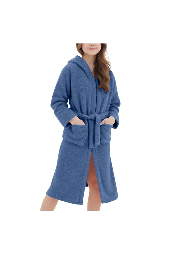 Boys Girls Robe Soft Thickened Hooded Bathrobe Unisex Kids Solid Color Fleece Nightwear with Pockets
