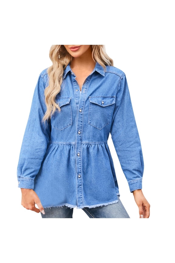 Button Down Jean Jackets for Women Lapel Collor Long Sleeve Tops with Pocket Trendy Pleated Clothes